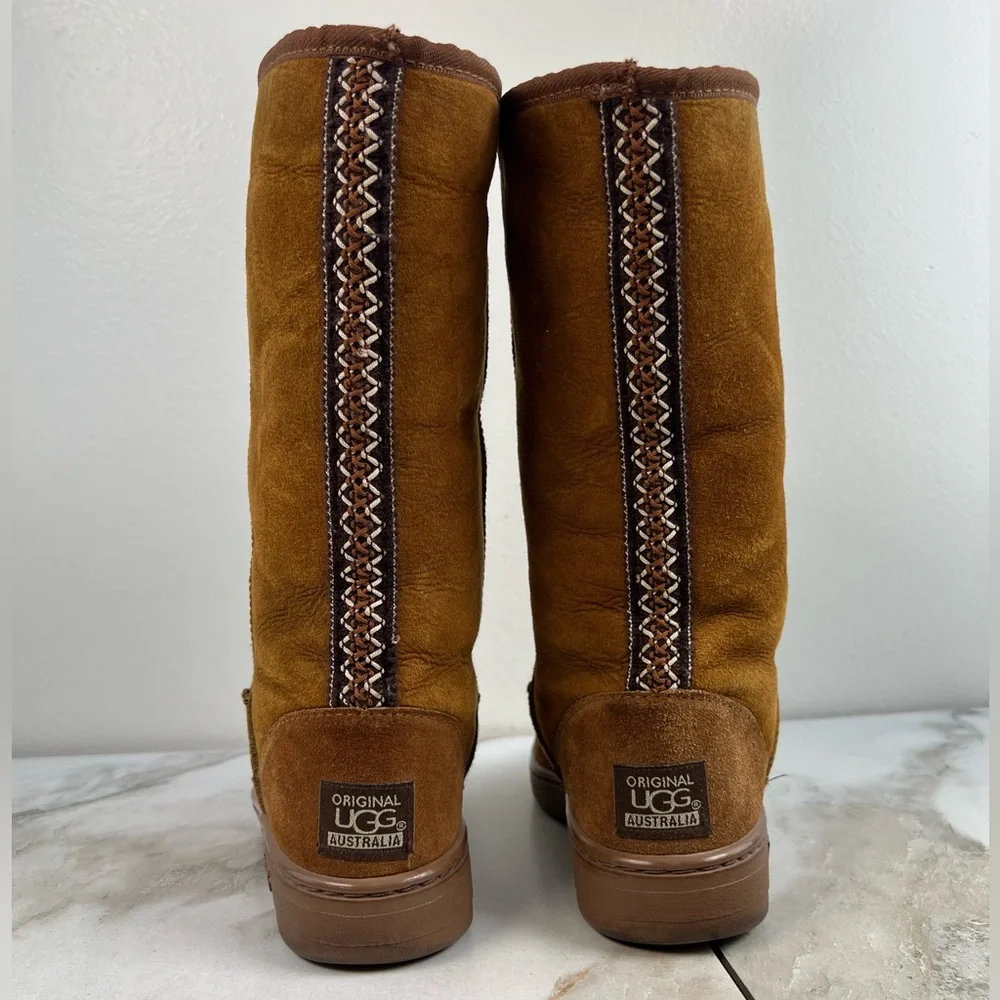 VTG UGG Wmn's Ultimate Tall Tasman Braided Brown Suede Shearling Winter Boots, 7